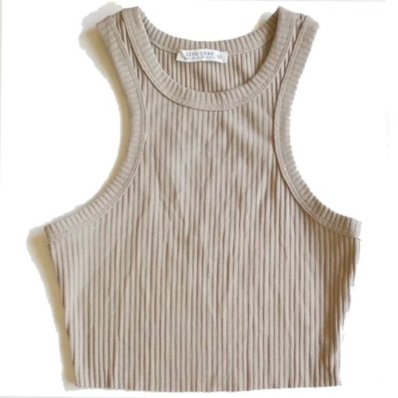 12th Tribe Ryann Ribbed Knit Crop Tank Top M Taupe Tan - Picture 2 of 6